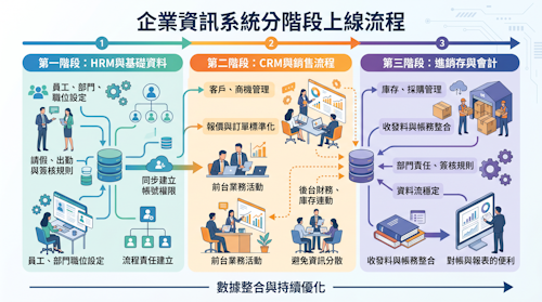 ERP 導入前必看：HRM、CRM、進銷存、會計怎麼分階段上線比較穩